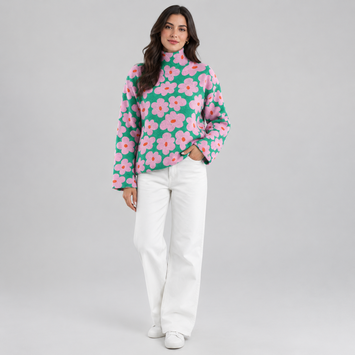 Women's Pink Floral High-Neck Knit Sweater on a model, front view