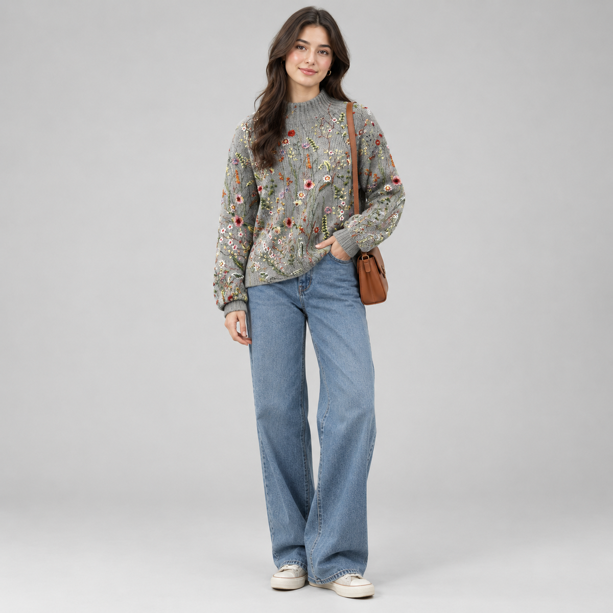 Women's Floral Crew-Neck Knit Sweater on a model, front view