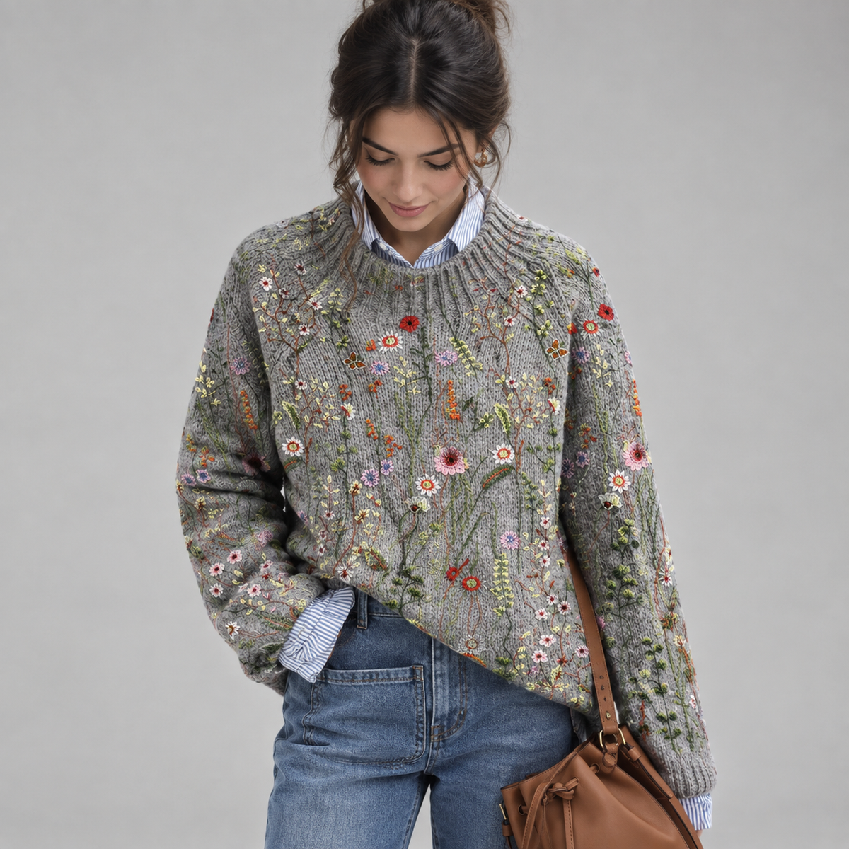 Women's Floral Crew-Neck Knit Sweater on a model, front detail
