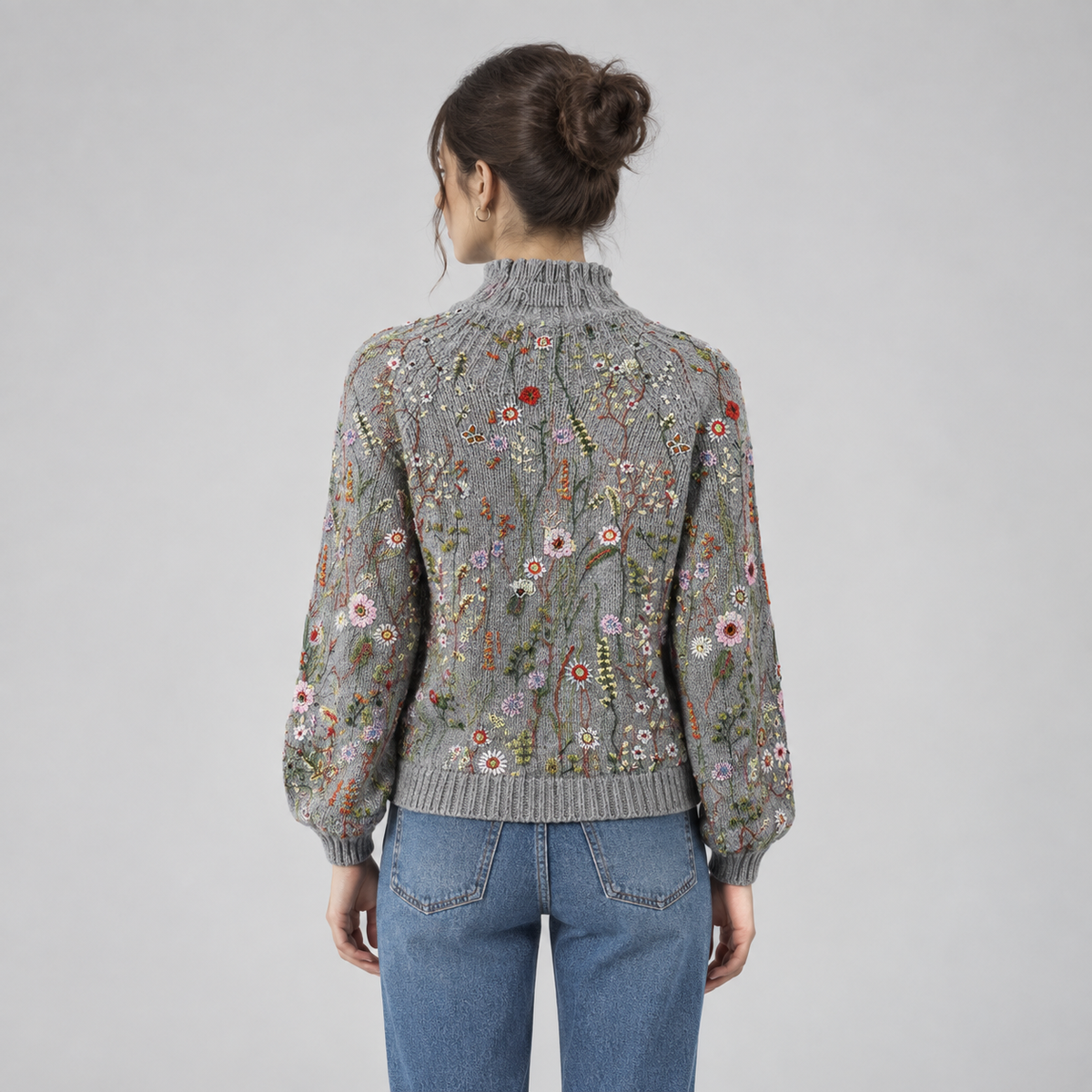 Women's Floral Crew-Neck Knit Sweater on a model, back view