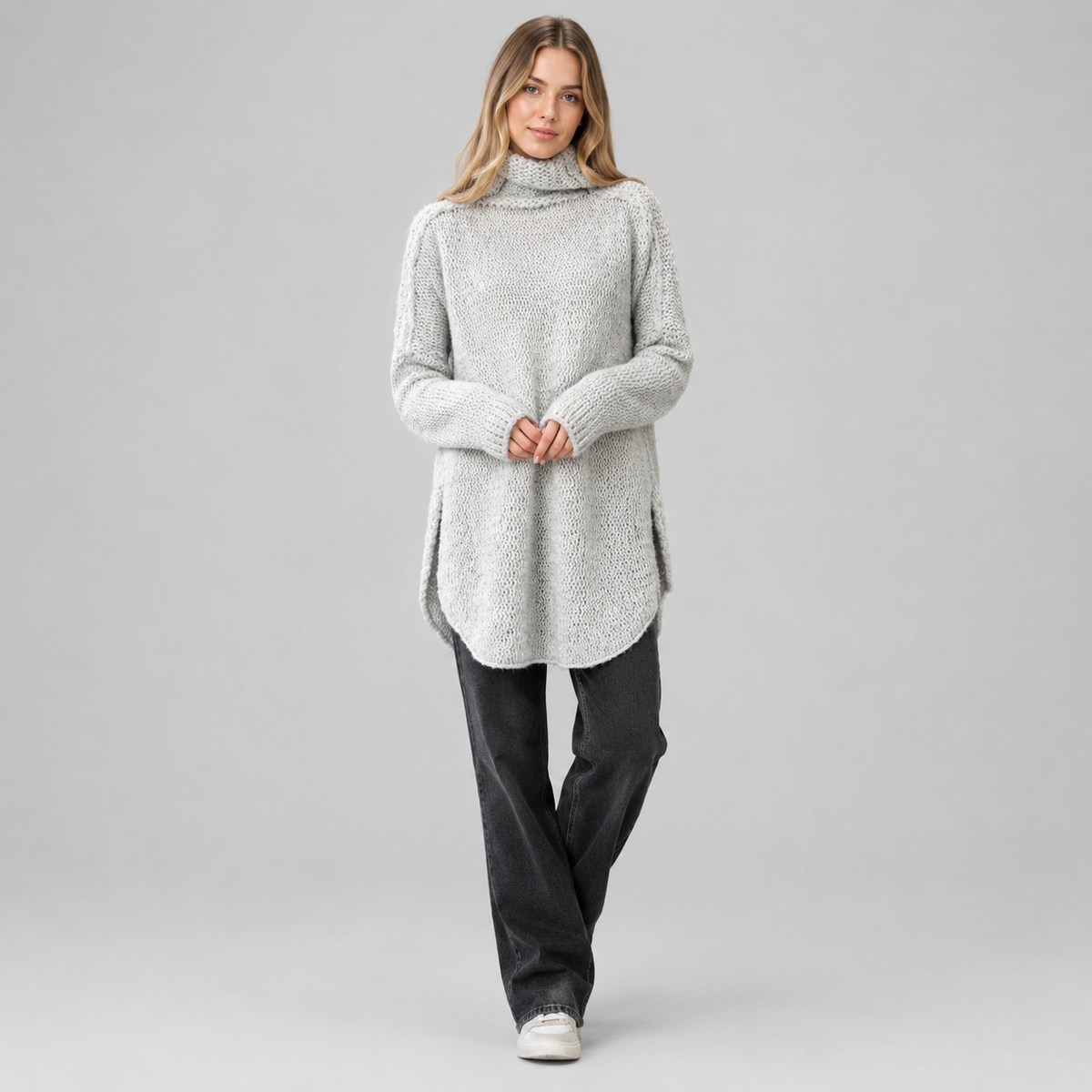 Women's Oversized Chunky Knit Turtleneck Sweater on a model, front view