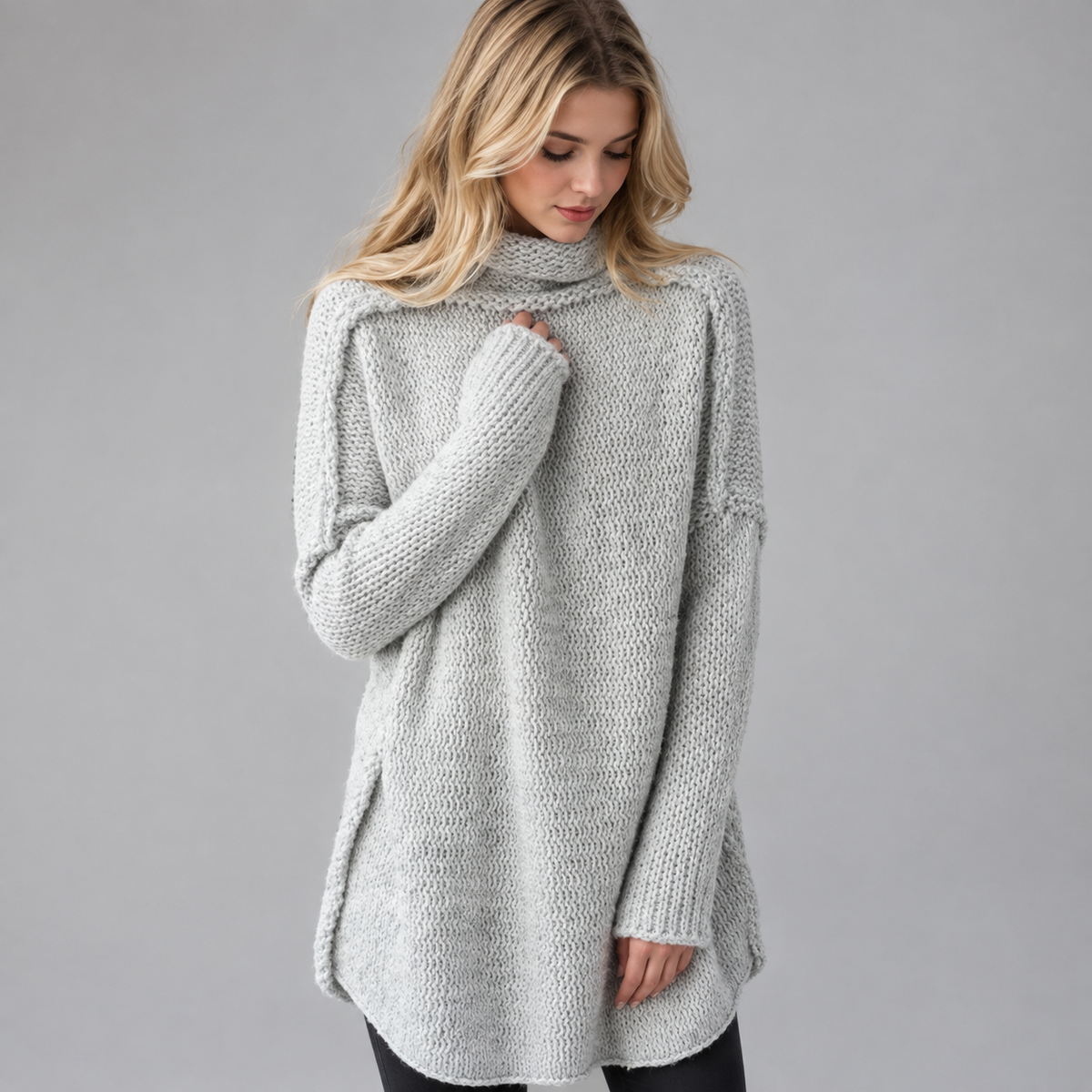 Women's Oversized Chunky Knit Turtleneck Sweater on a model, front detail