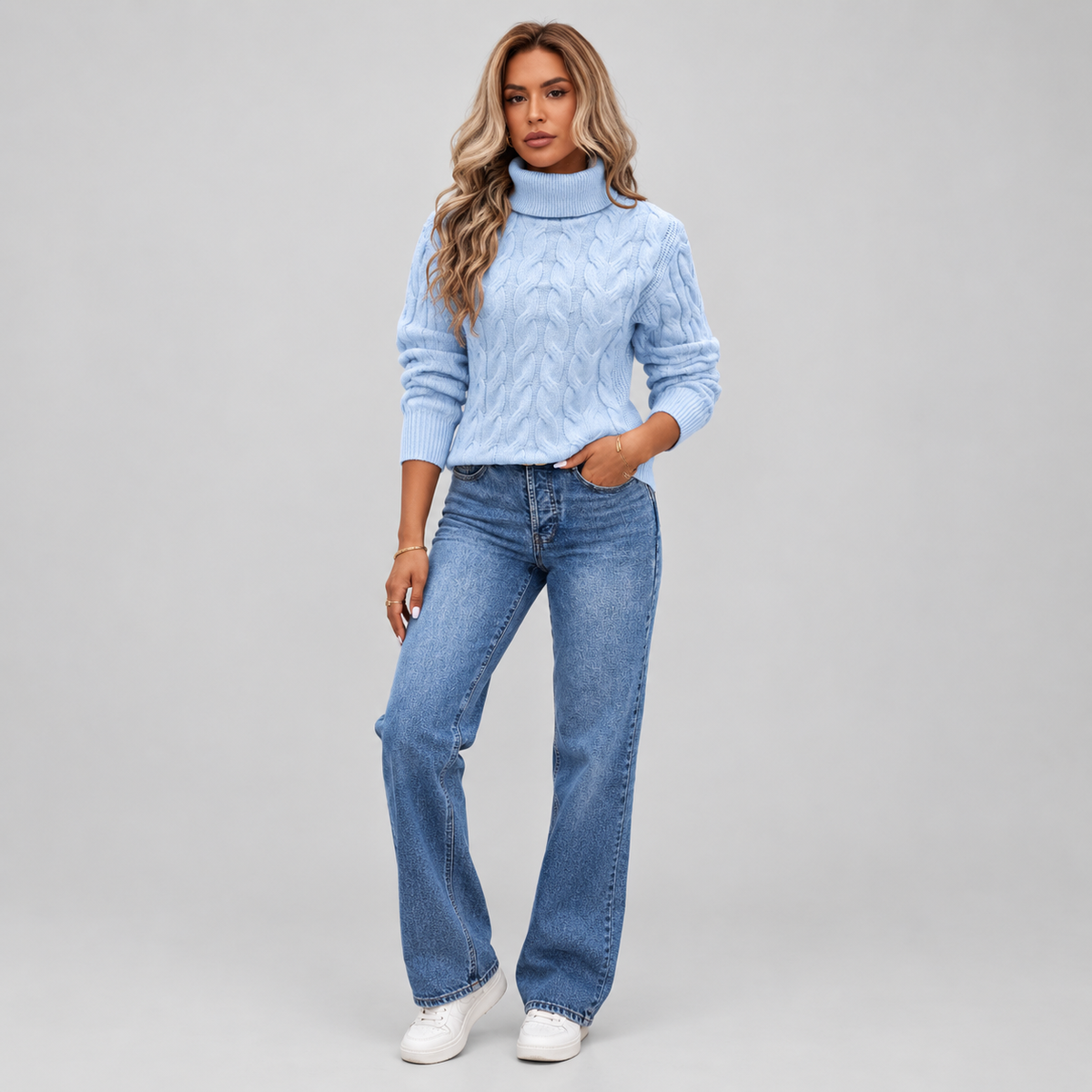 Women's Cable Knit Turtleneck Sweater on a model, front view