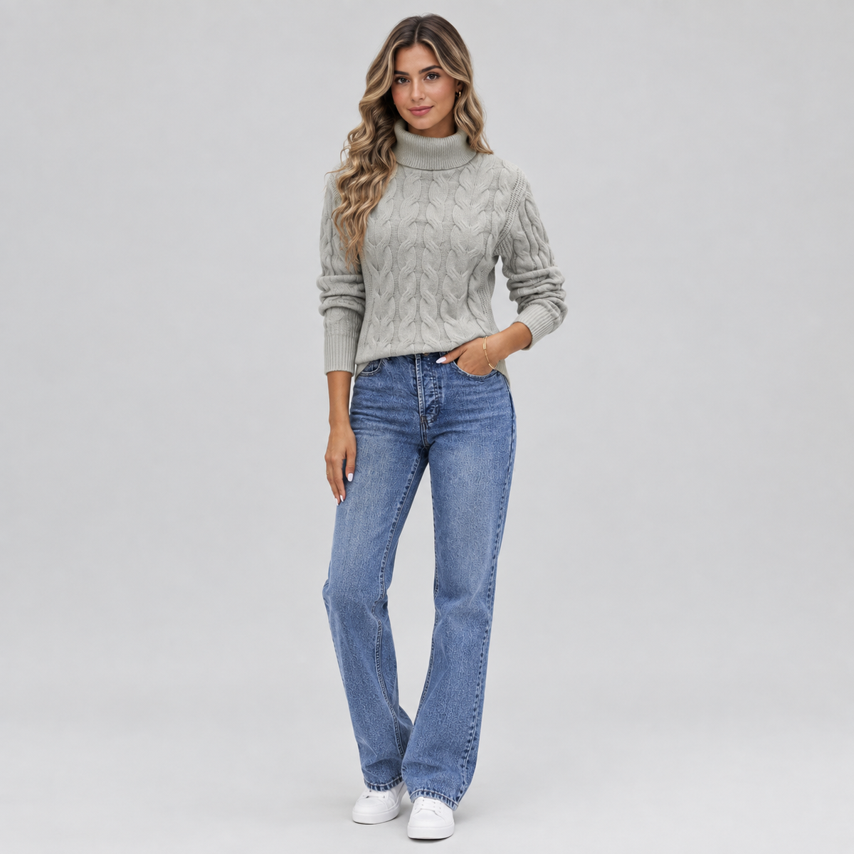 Women's Cable Knit Turtleneck Sweater on a model, colour option
