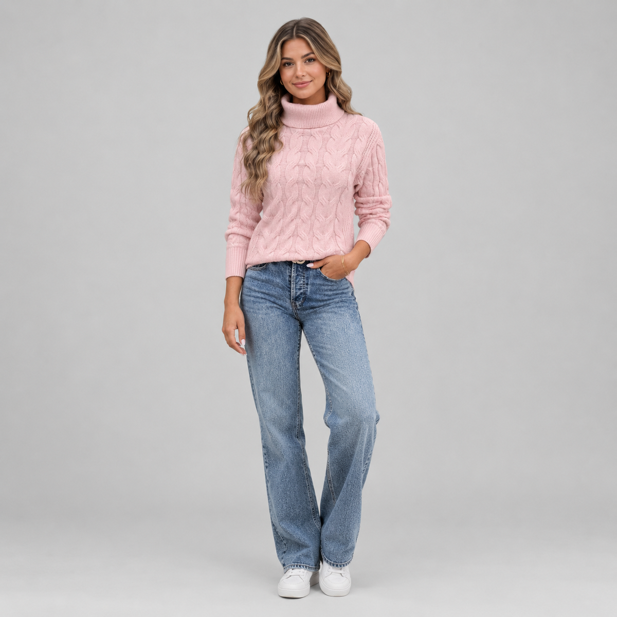 Women's Cable Knit Turtleneck Sweater on a model, colour option