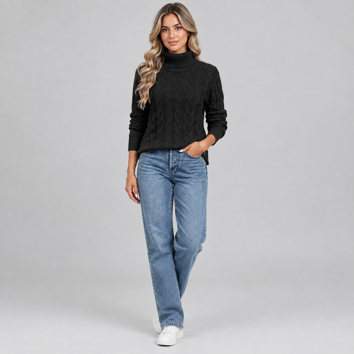 Women's Cable Knit Turtleneck Sweater on a model, colour option