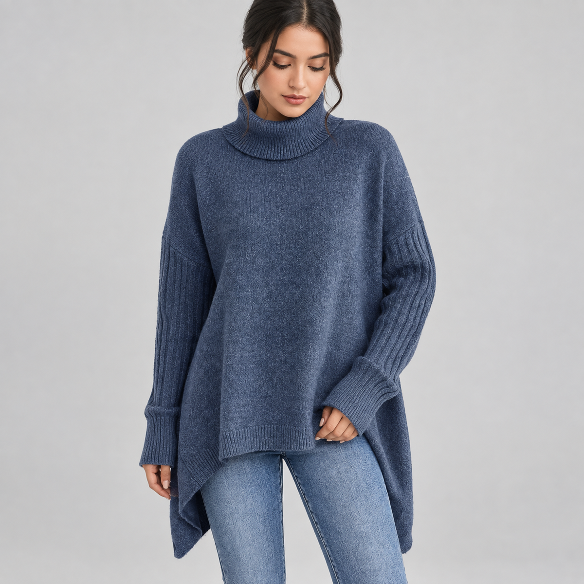 Women's Oversized Ribbed Turtleneck Sweater on a model, front detail