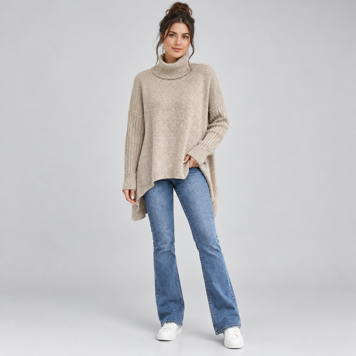 Women's Oversized Ribbed Turtleneck Sweater on a model, colour option