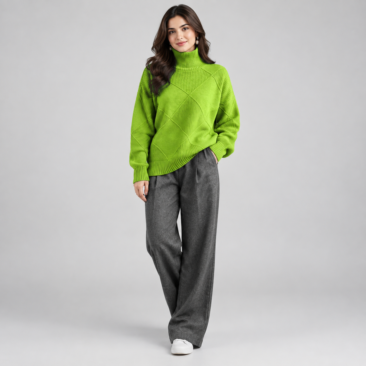 Women's Argyle Knit Turtleneck Sweater on a model, front view
