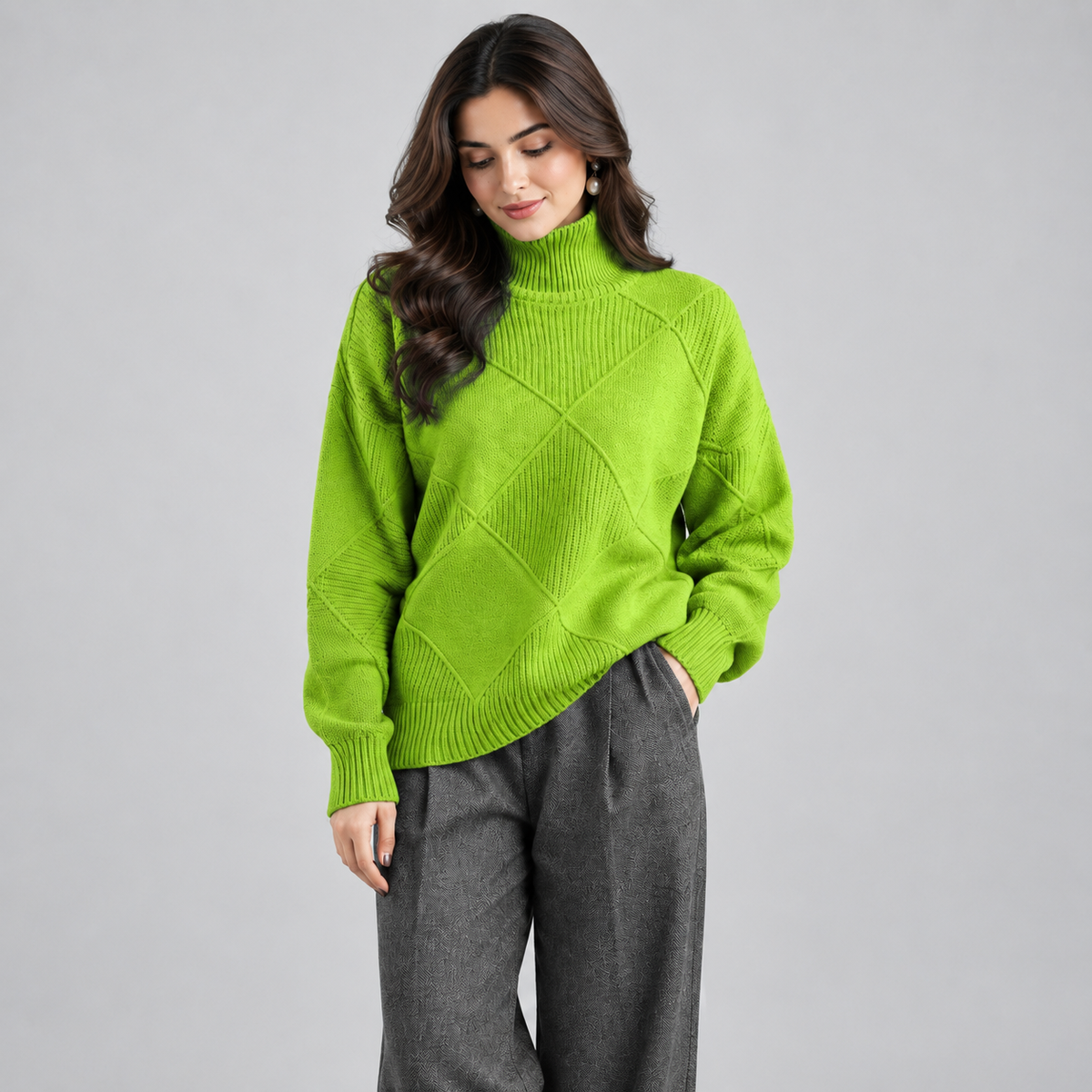 Women's Argyle Knit Turtleneck Sweater on a model, front detail