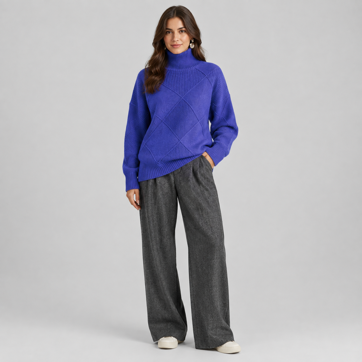 Women's Argyle Knit Turtleneck Sweater on a model, colour option