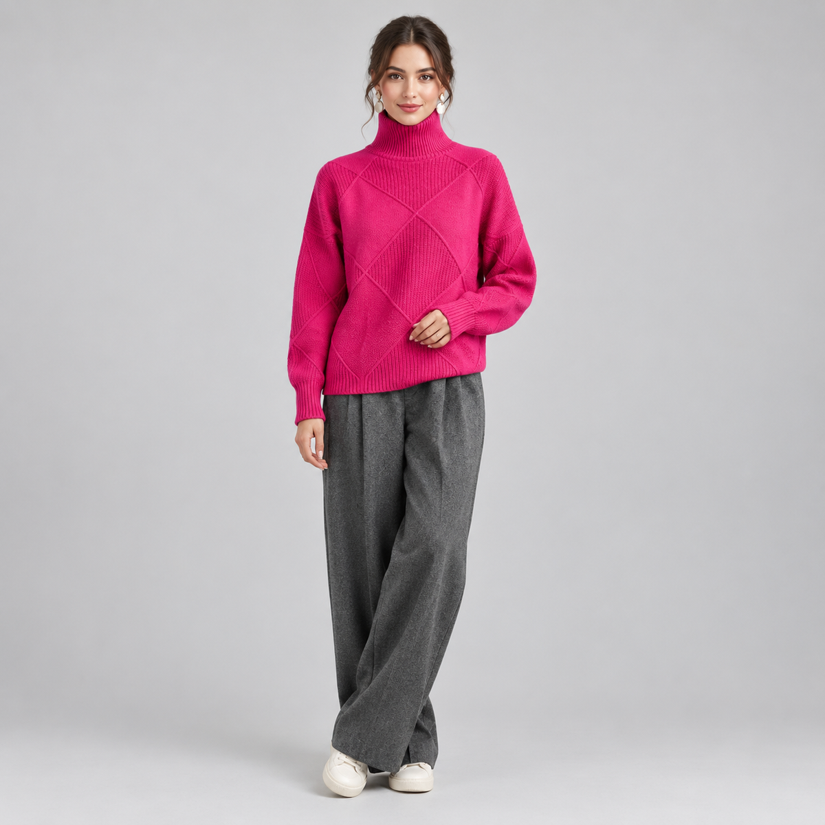 Women's Argyle Knit Turtleneck Sweater on a model, colour option
