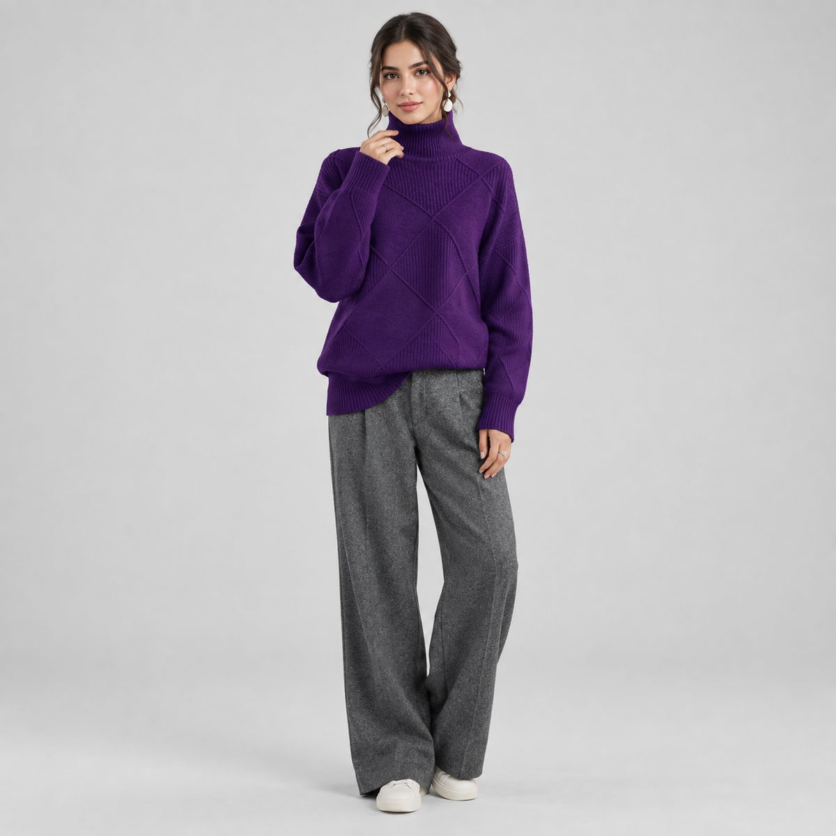 Women's Argyle Knit Turtleneck Sweater on a model, colour option