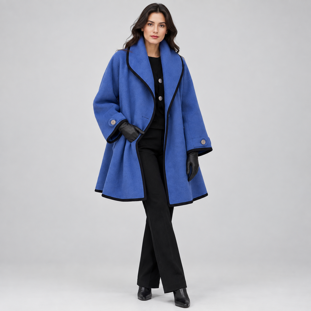 Women's Oversized Contrast-Trim Swing Coat on a model, front view