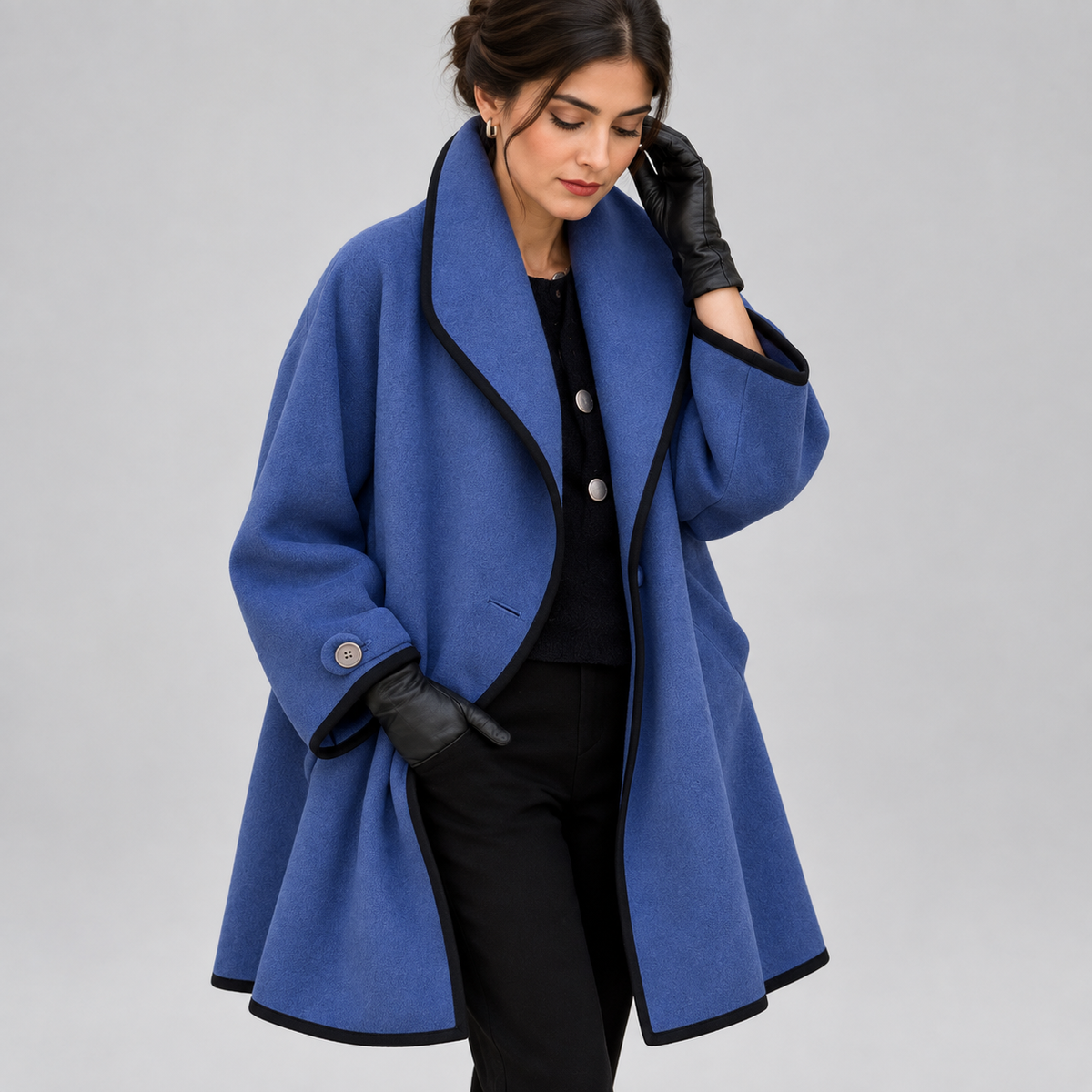 Women's Oversized Contrast-Trim Swing Coat on a model, front detail