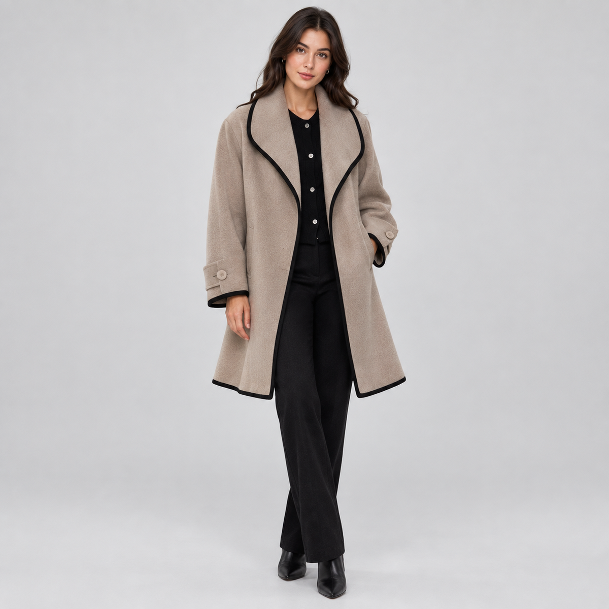 Women's Oversized Contrast-Trim Swing Coat on a model, colour option
