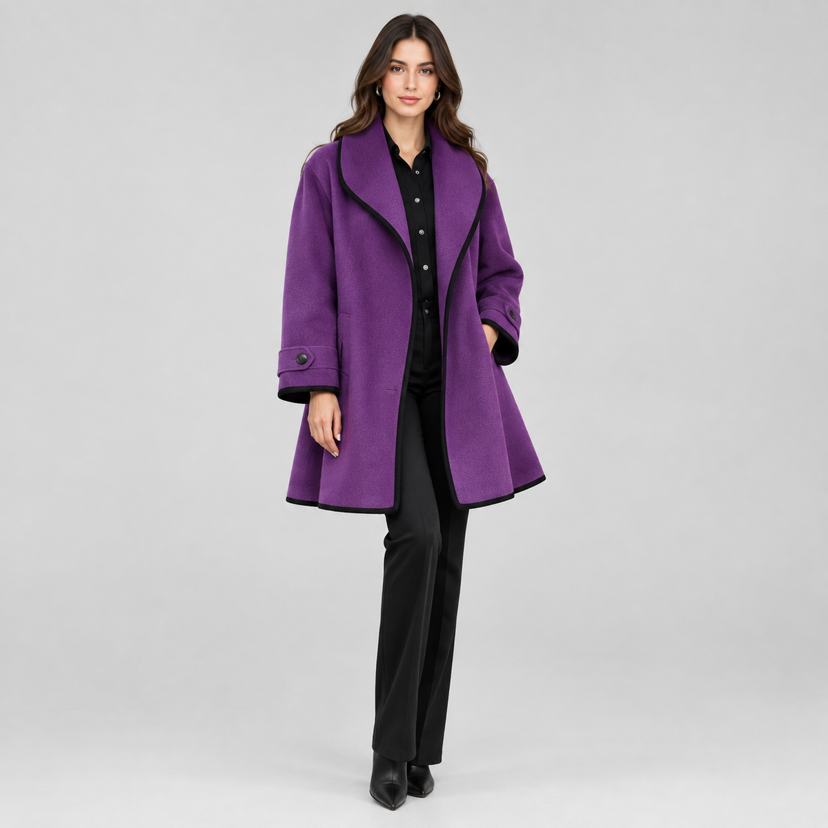 Women's Oversized Contrast-Trim Swing Coat on a model, colour option