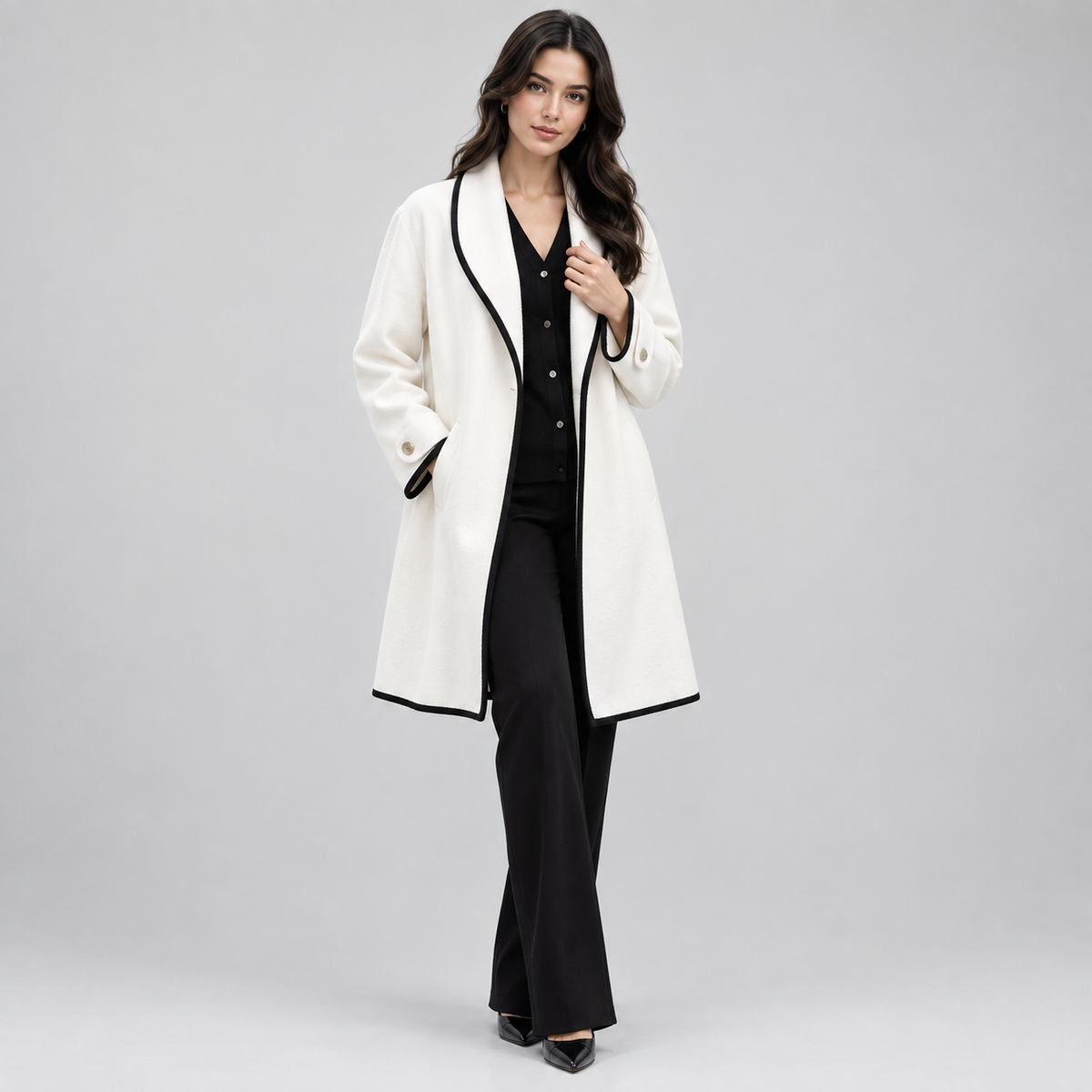 Women's Oversized Contrast-Trim Swing Coat on a model, colour option