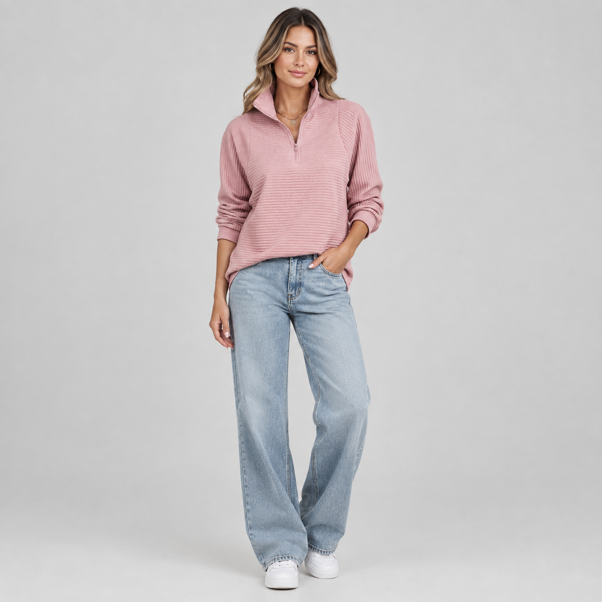 Women's Quarter-Zip Ribbed Pullover on a model, front view