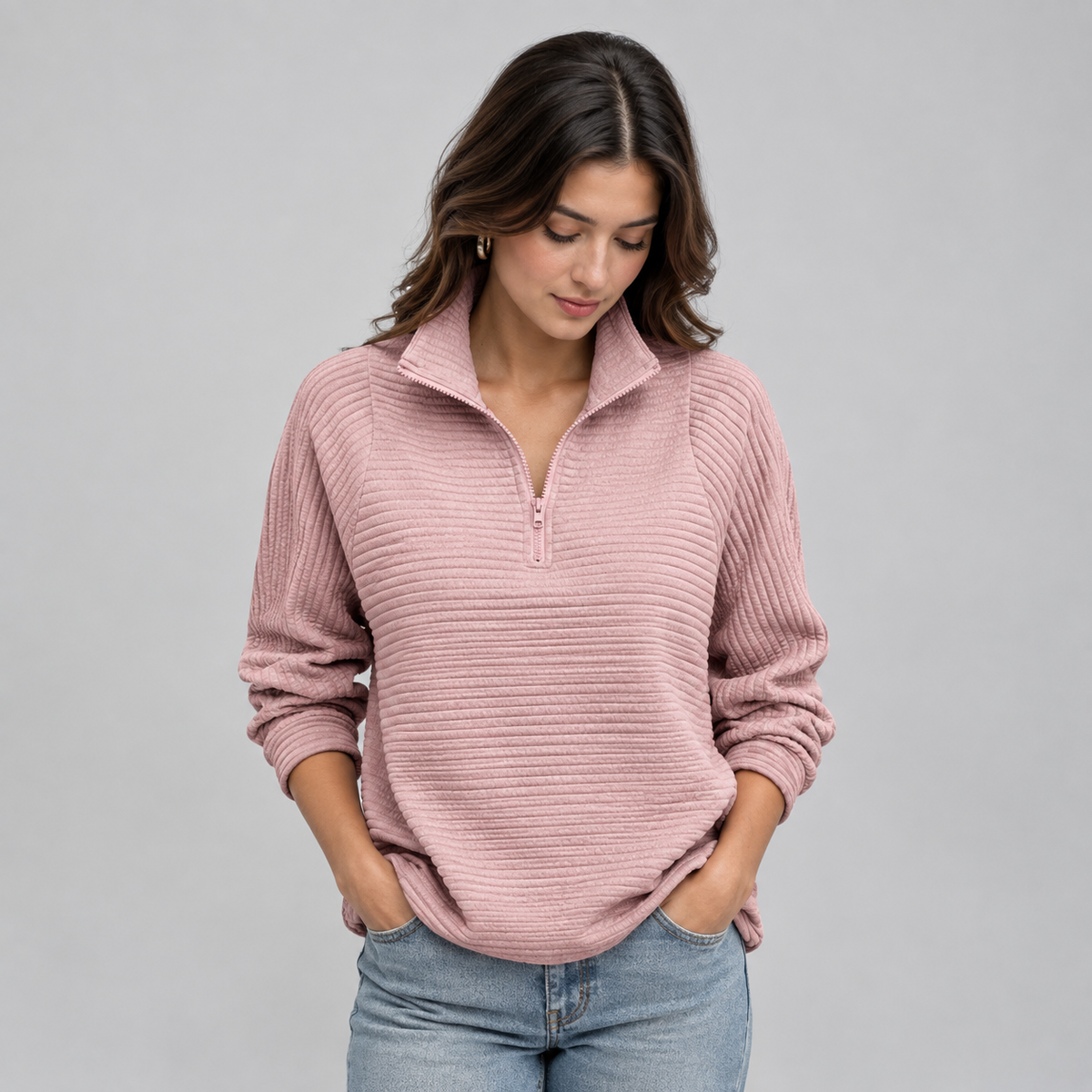 Women's Quarter-Zip Ribbed Pullover on a model, front detail