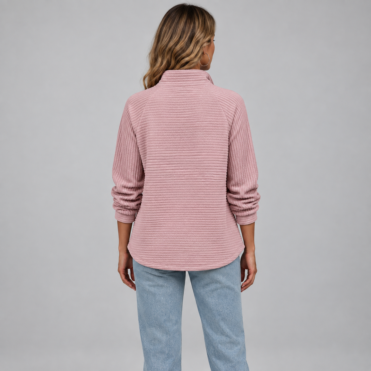 Women's Quarter-Zip Ribbed Pullover on a model, back view