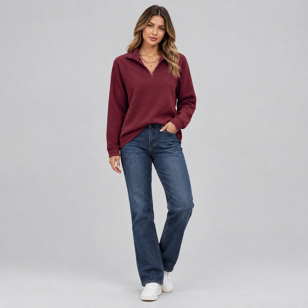 Women's Quarter-Zip Ribbed Pullover on a model, colour option