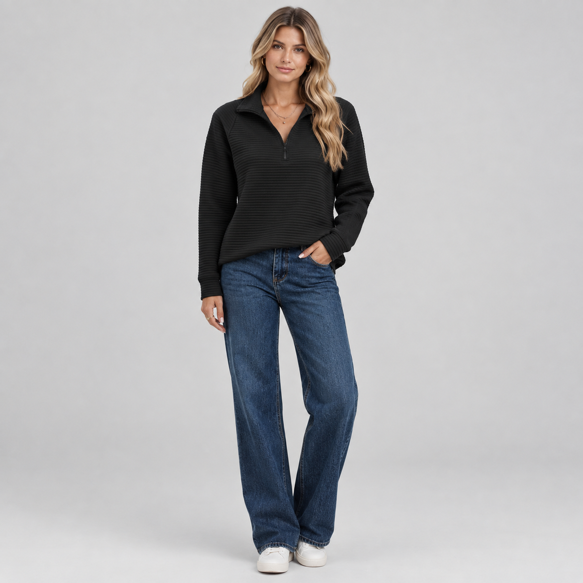 Women's Quarter-Zip Ribbed Pullover on a model, colour option