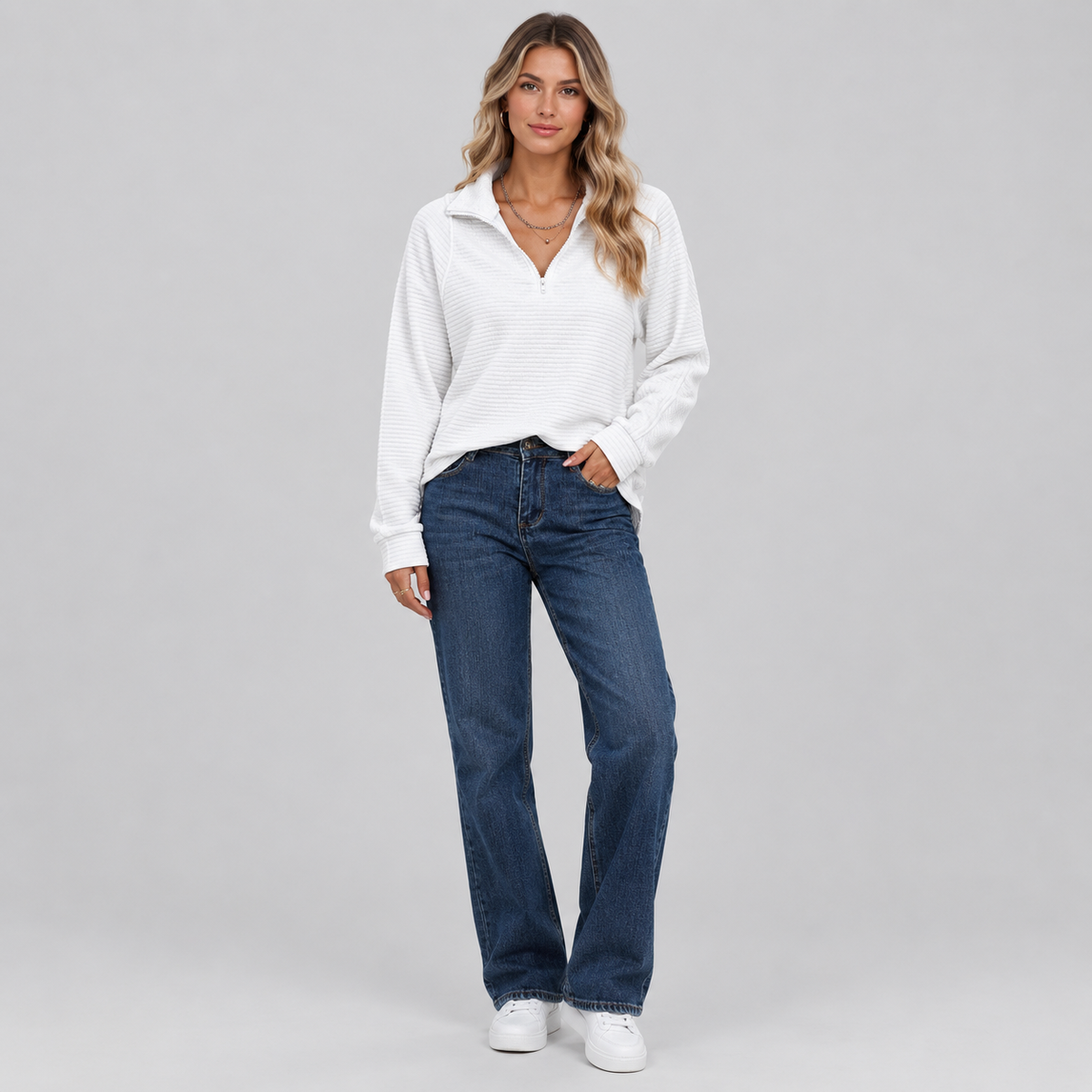 Women's Quarter-Zip Ribbed Pullover on a model, colour option