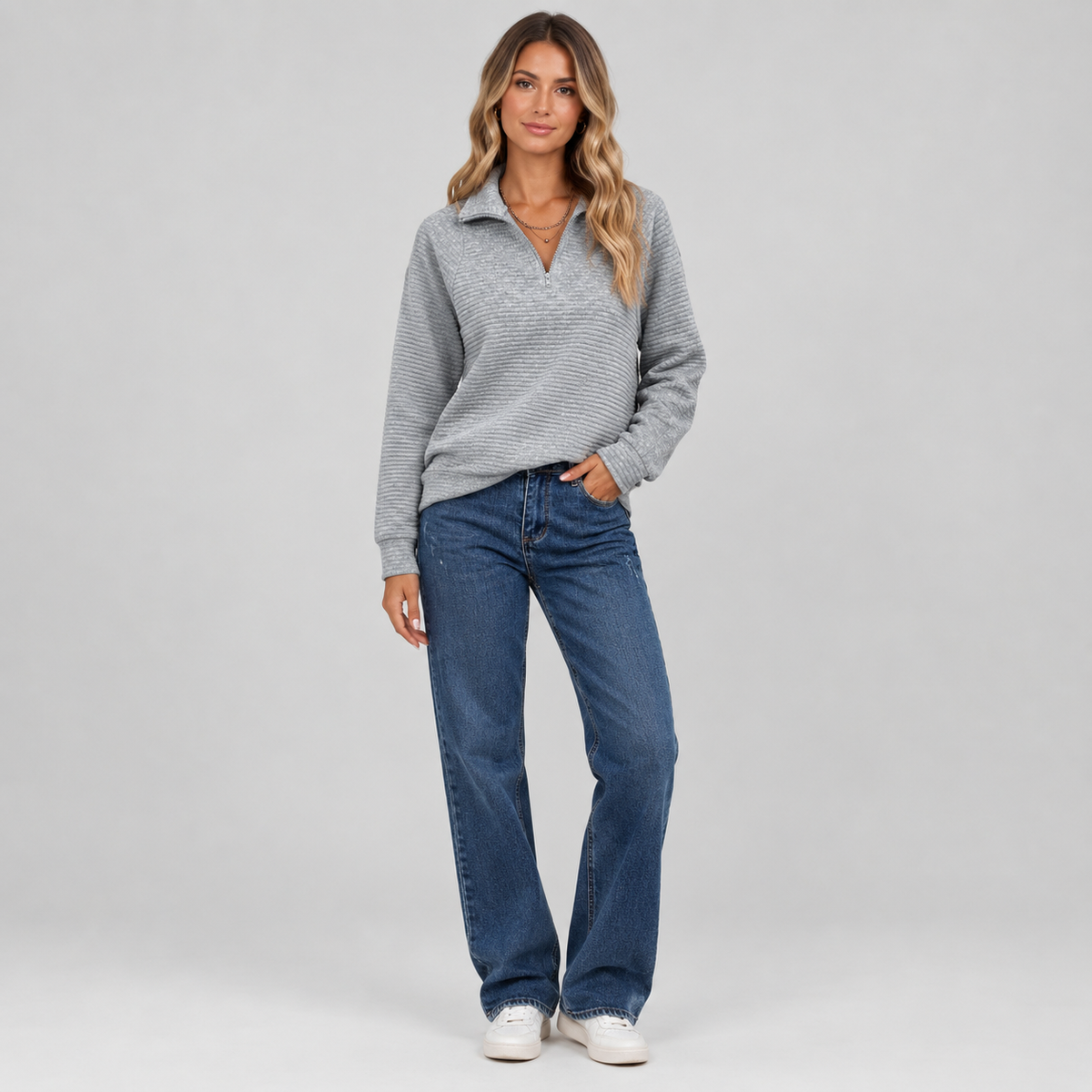Women's Quarter-Zip Ribbed Pullover on a model, colour option