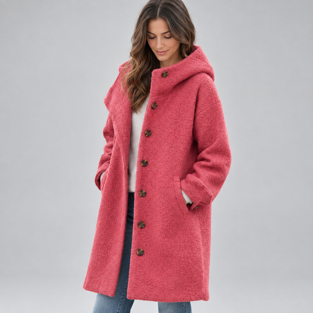 Women's Longline Hooded Fleece Coat on a model, front detail