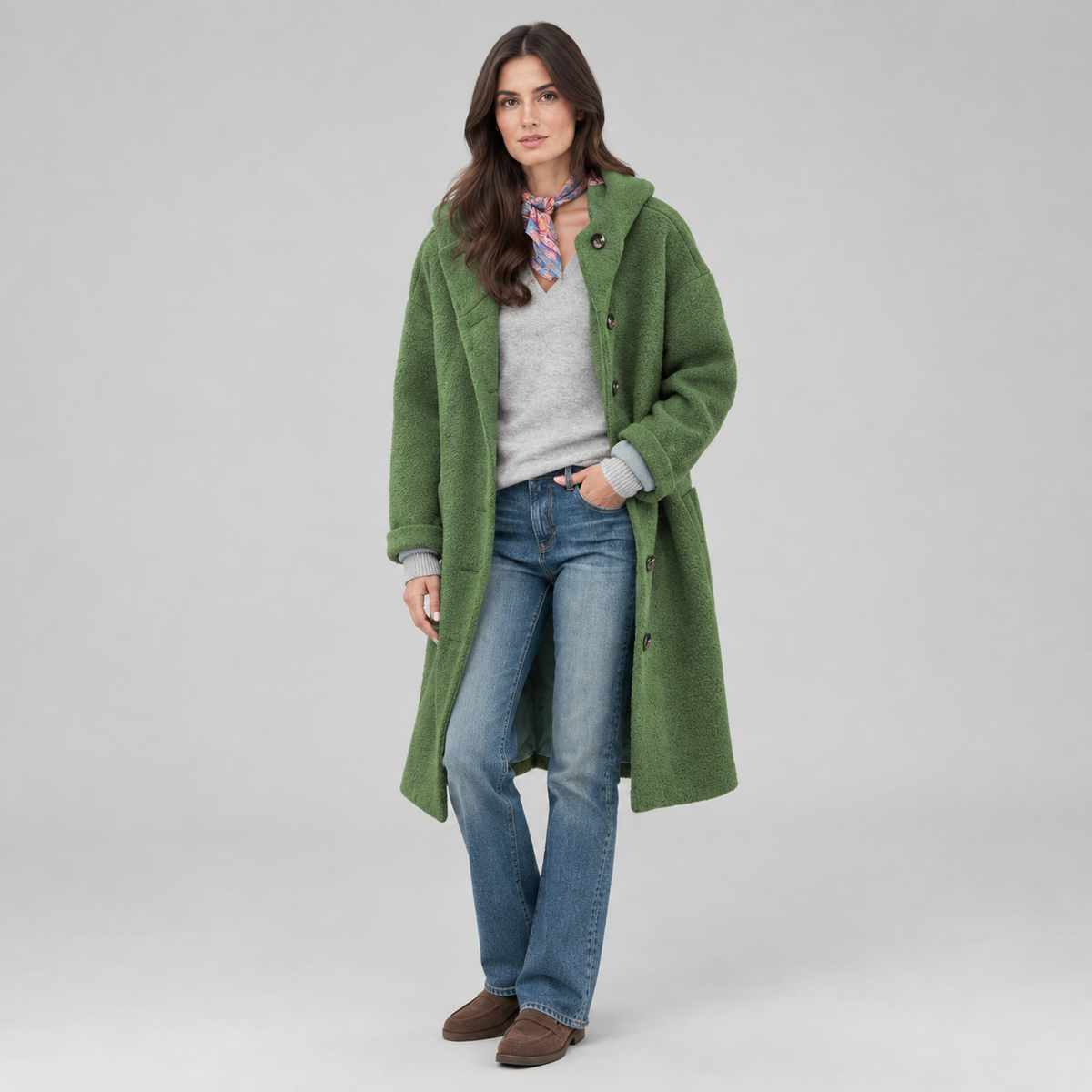 Women's Longline Hooded Fleece Coat on a model, colour option