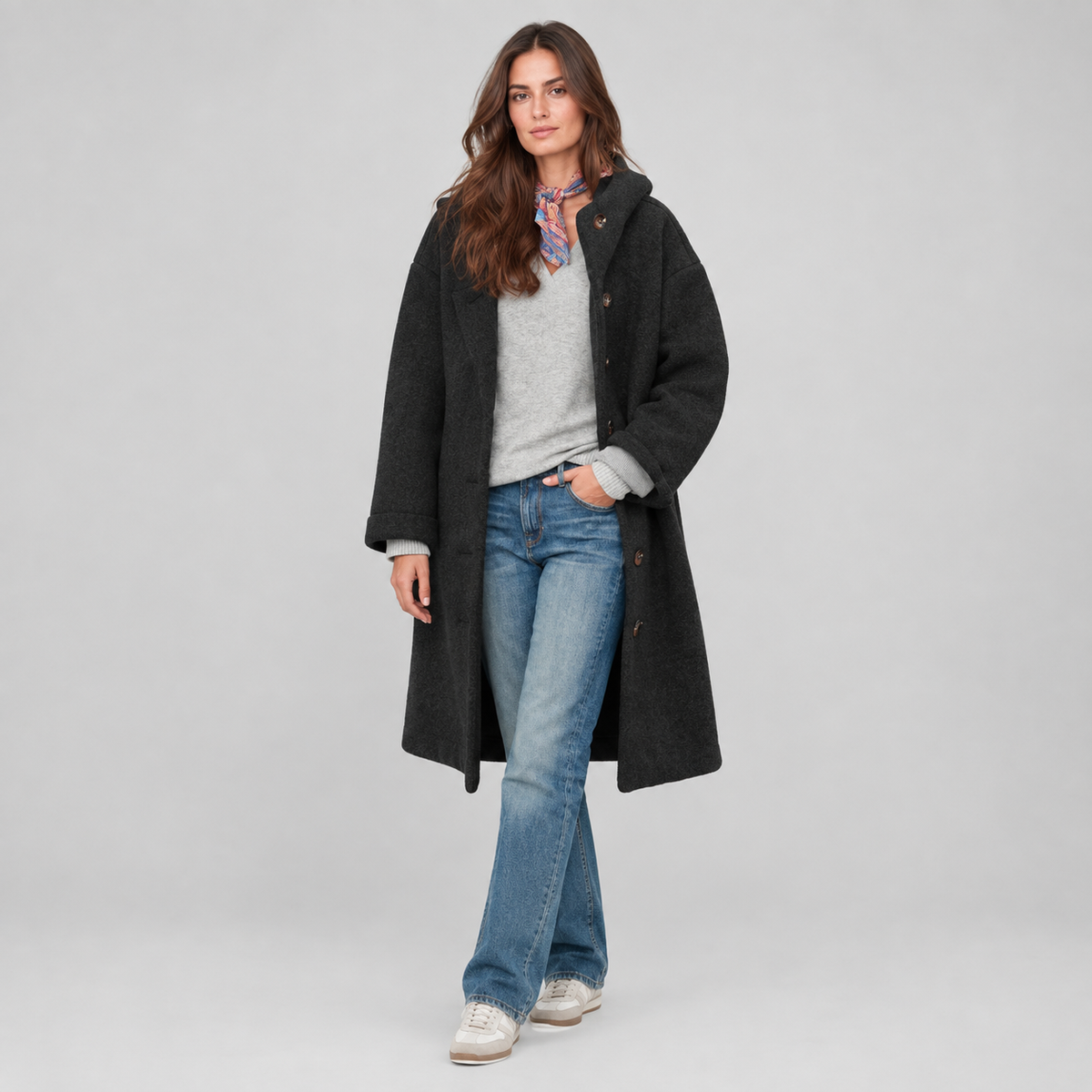 Women's Longline Hooded Fleece Coat on a model, colour option