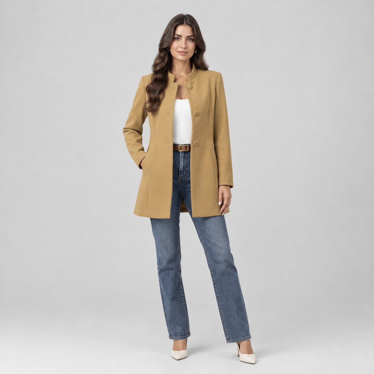 Women's Stand-Collar Button-Front Blazer Jacket on a model, front view