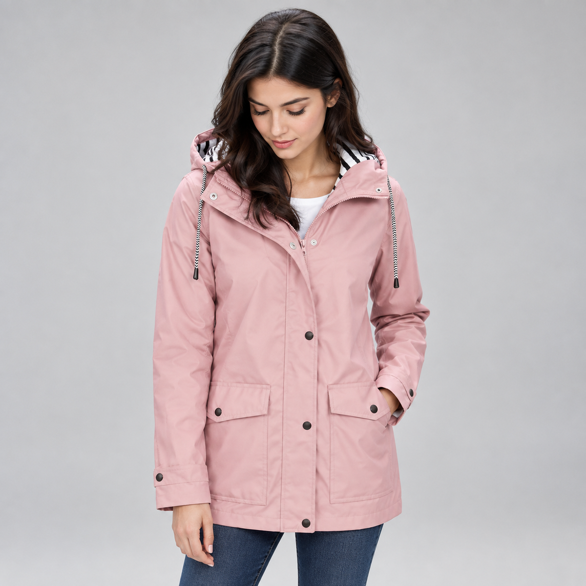 Women's Hooded Striped-Lined Jacket on a model, front detail