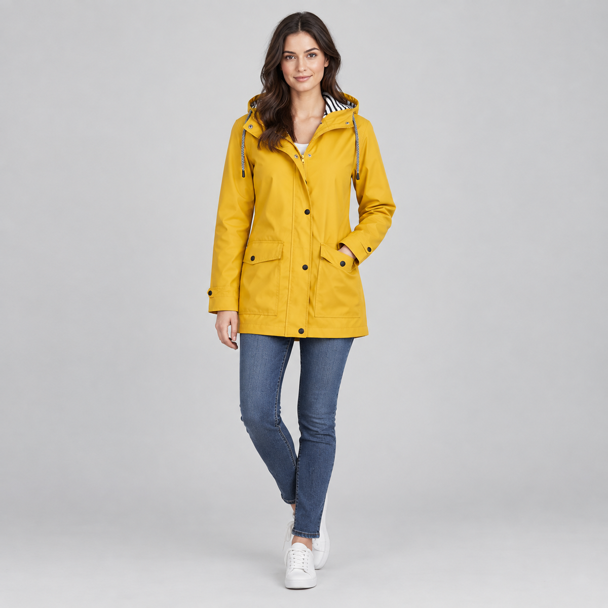 Women's Hooded Striped-Lined Jacket on a model, colour option