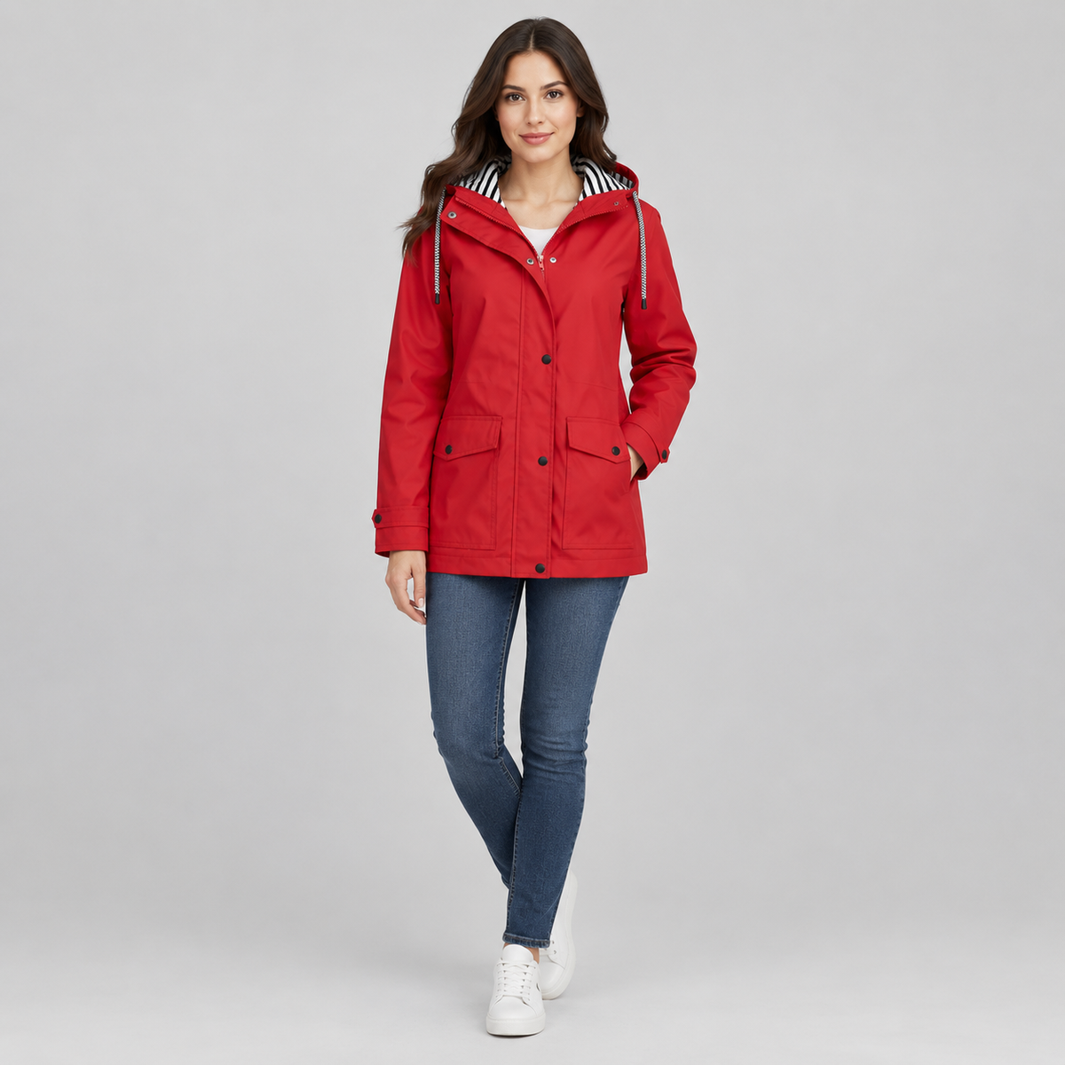 Women's Hooded Striped-Lined Jacket on a model, colour option