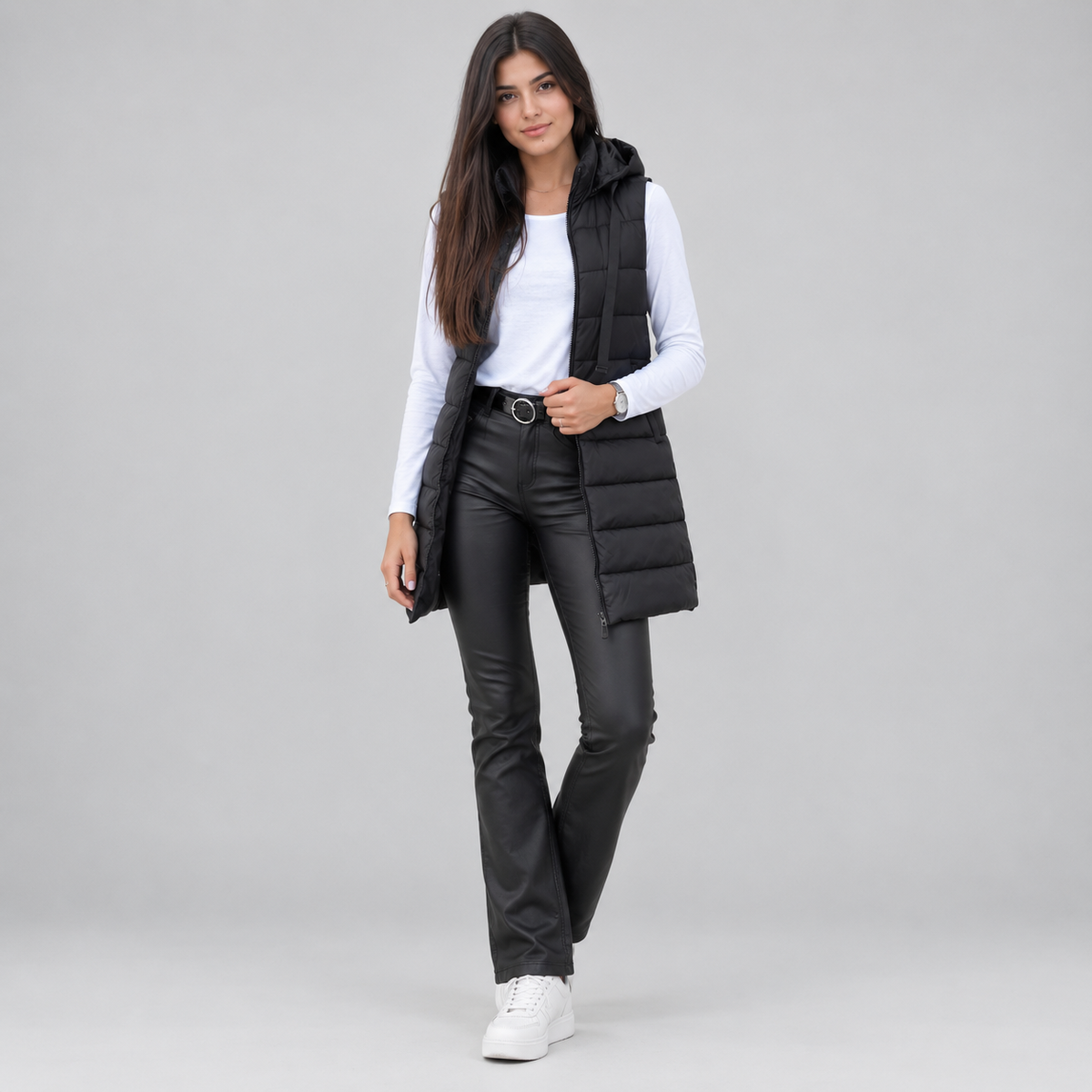 Women's Longline Hooded Sleeveless Puffer Vest — product image