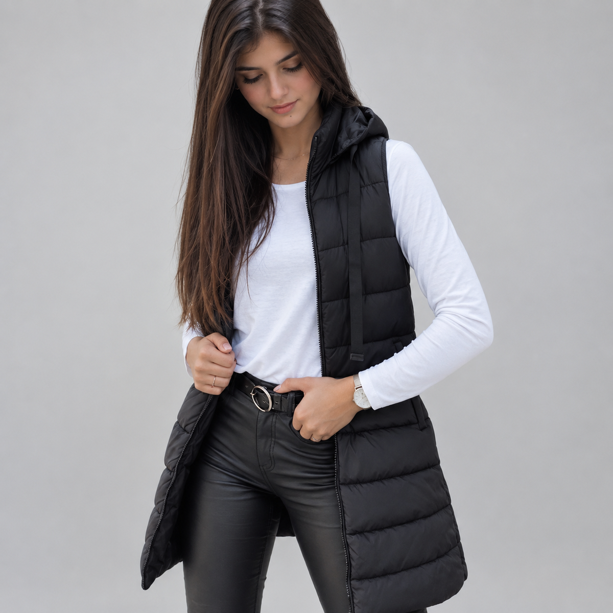 Women's Longline Hooded Sleeveless Puffer Vest — product image