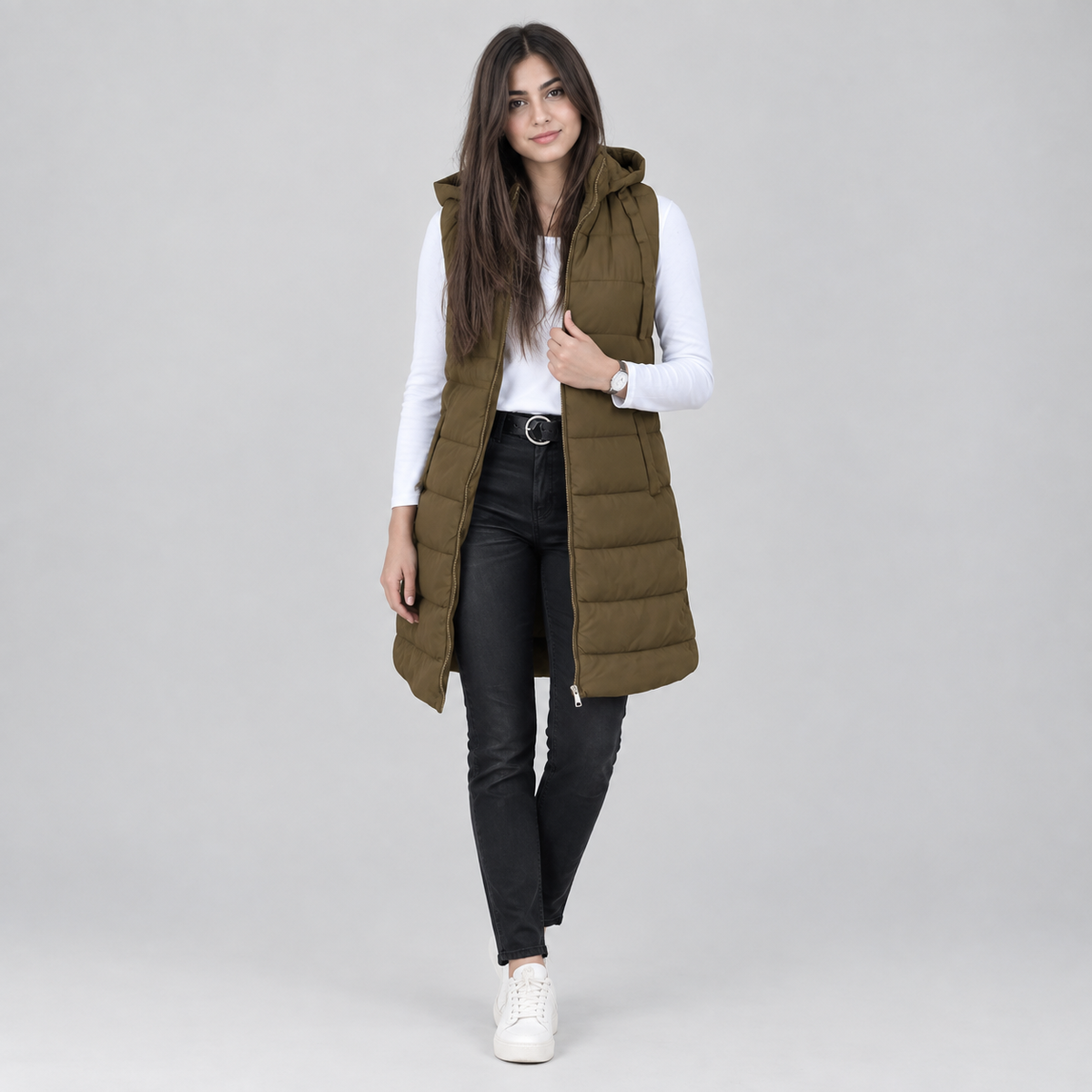 Women's Longline Hooded Sleeveless Puffer Vest — product image