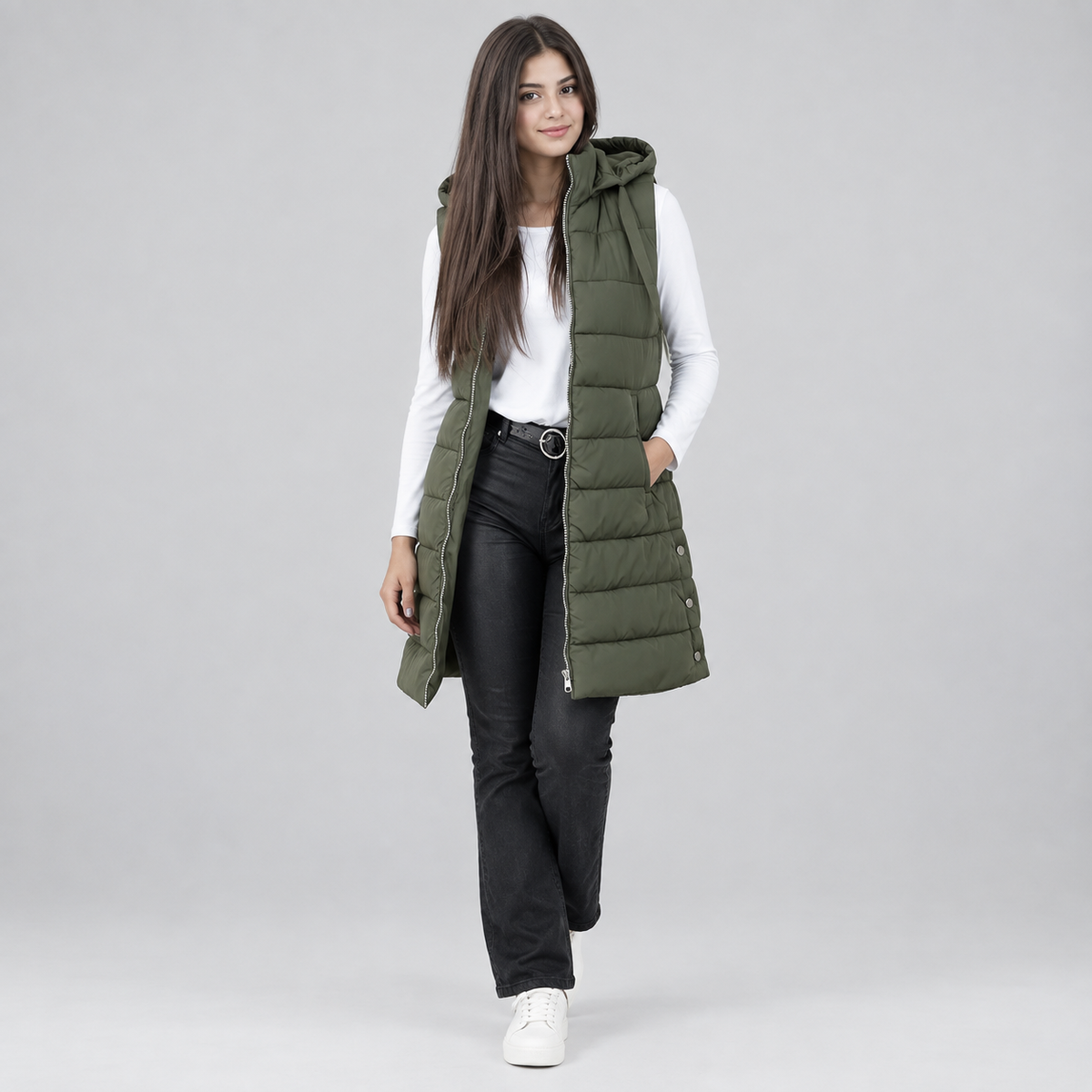 Women's Longline Hooded Sleeveless Puffer Vest — product image