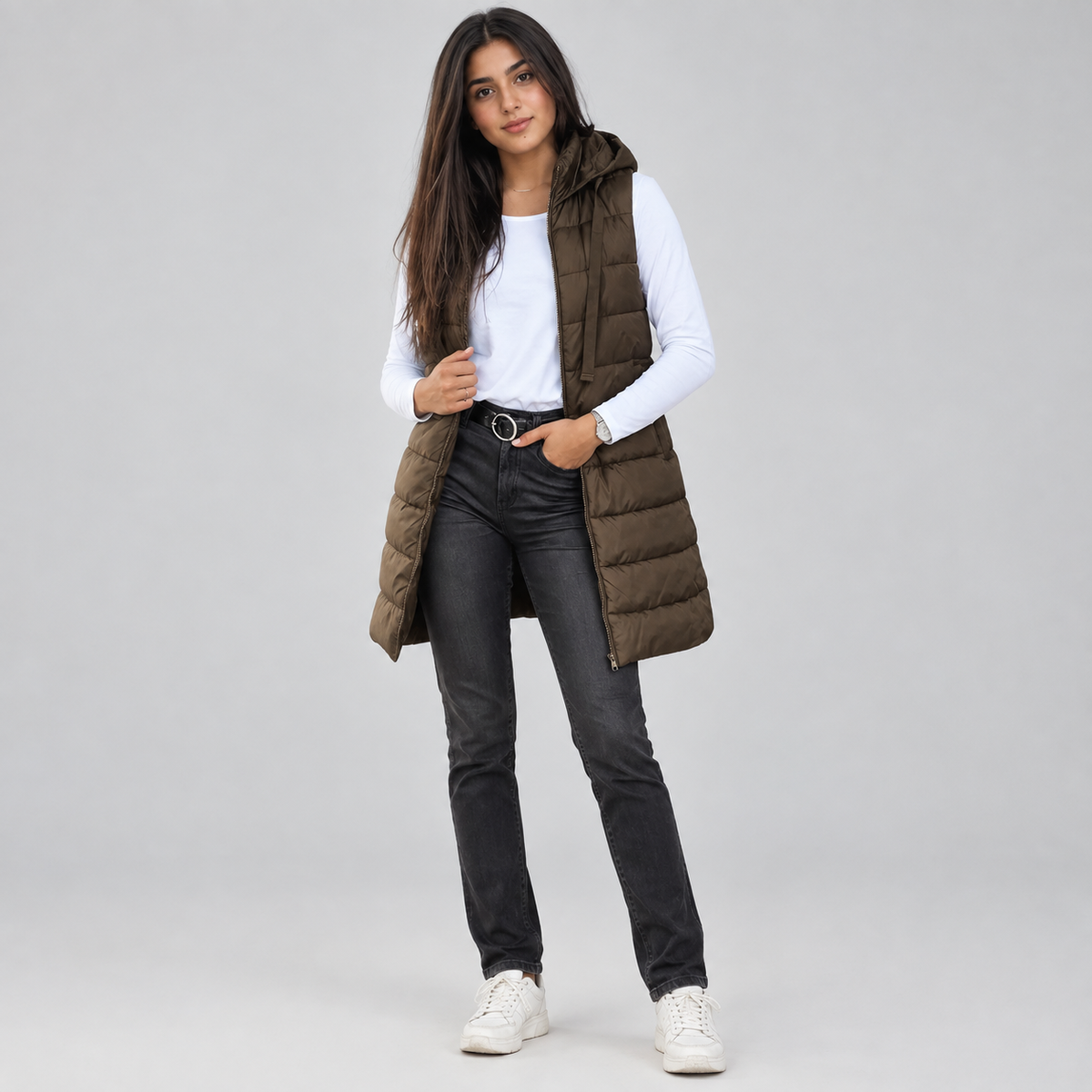 Women's Longline Hooded Sleeveless Puffer Vest — product image