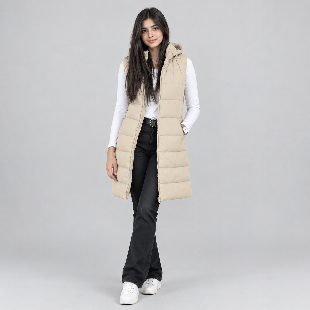 Women's Longline Hooded Sleeveless Puffer Vest — product image
