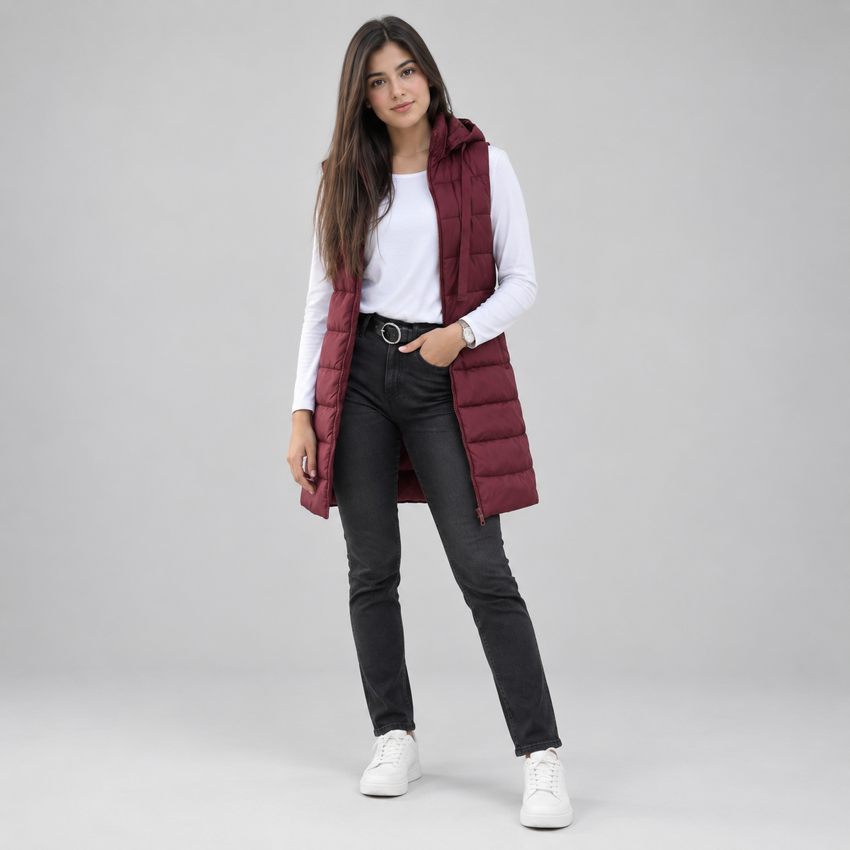 Women's Longline Hooded Sleeveless Puffer Vest — product image