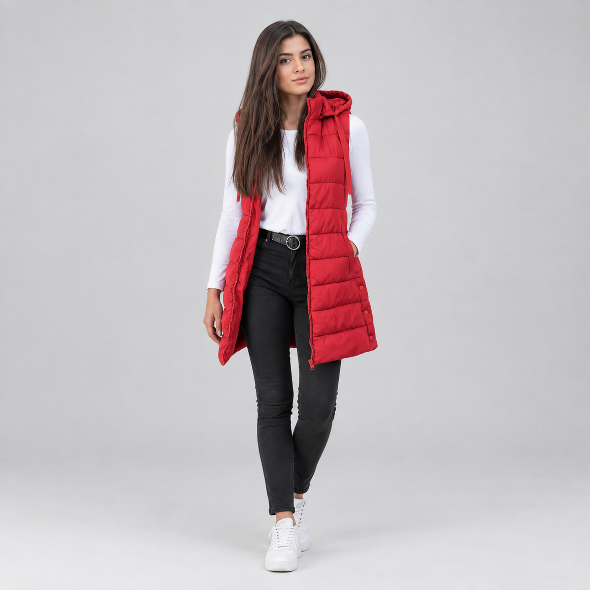 Women's Longline Hooded Sleeveless Puffer Vest — product image