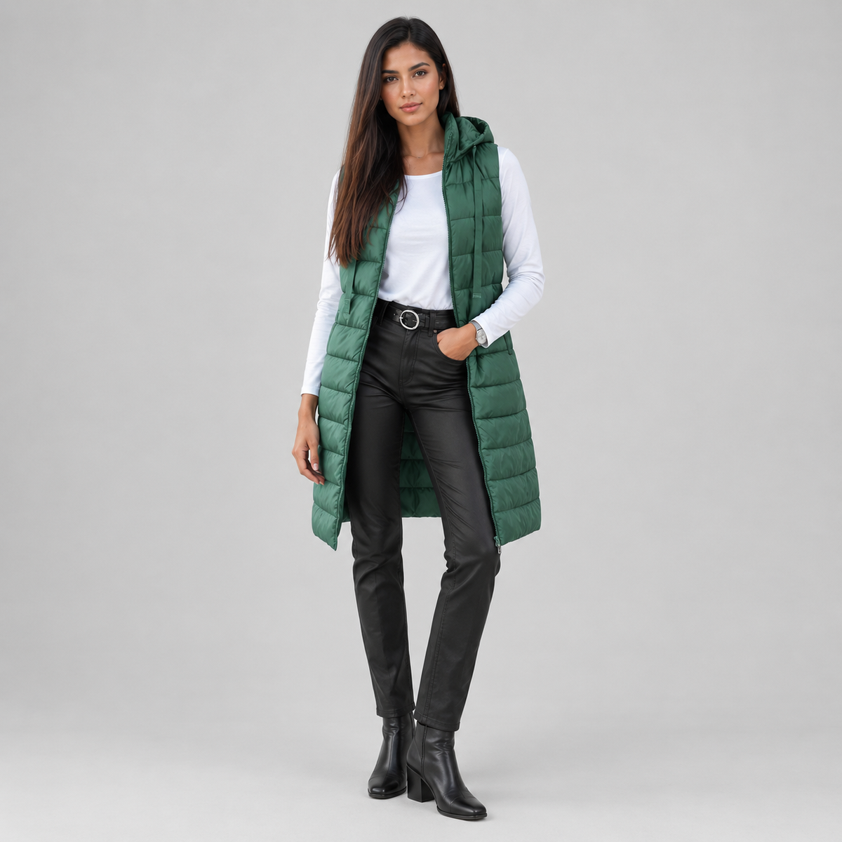 Women's Longline Hooded Sleeveless Puffer Vest — product image