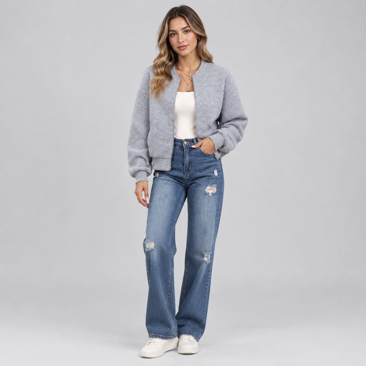 Women's Textured Quilted Cropped Bomber Jacket — product image
