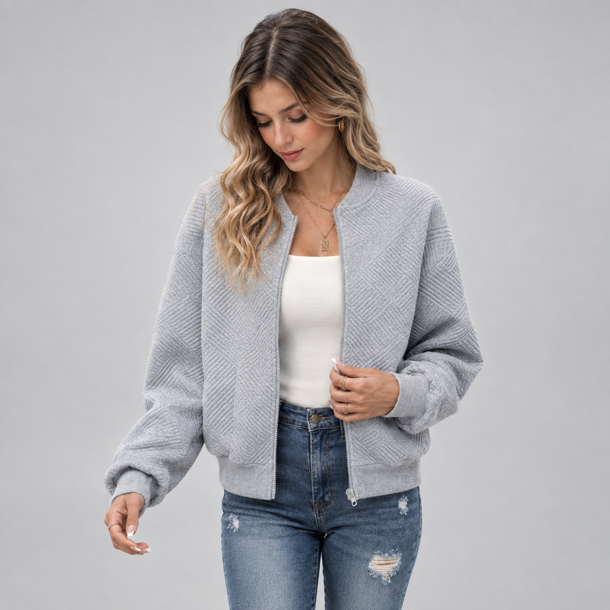 Women's Textured Quilted Cropped Bomber Jacket — product image
