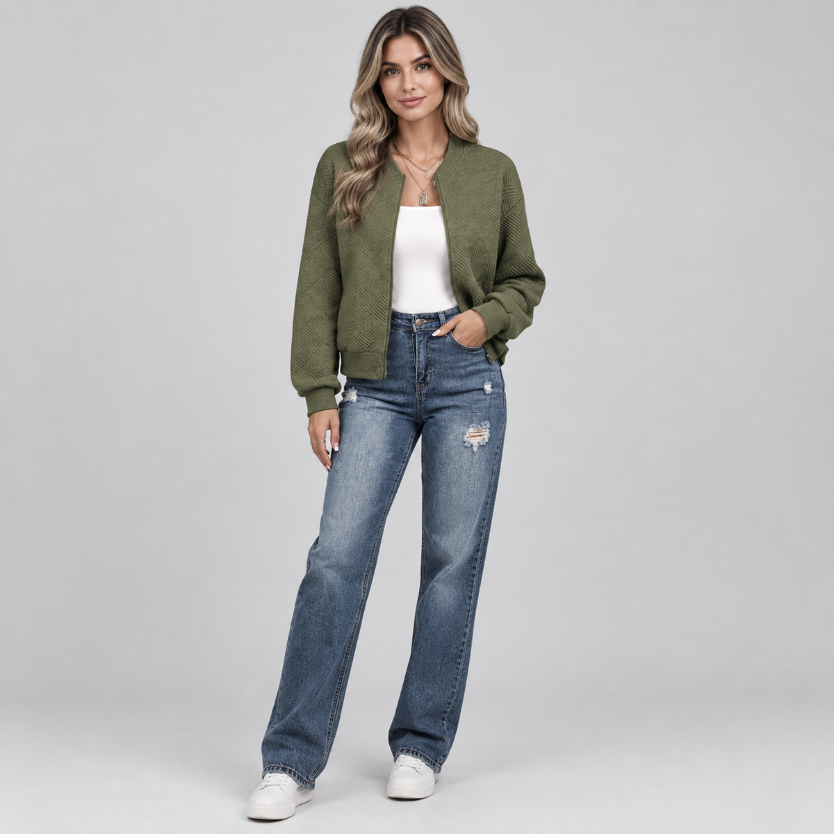 Women's Textured Quilted Cropped Bomber Jacket — product image