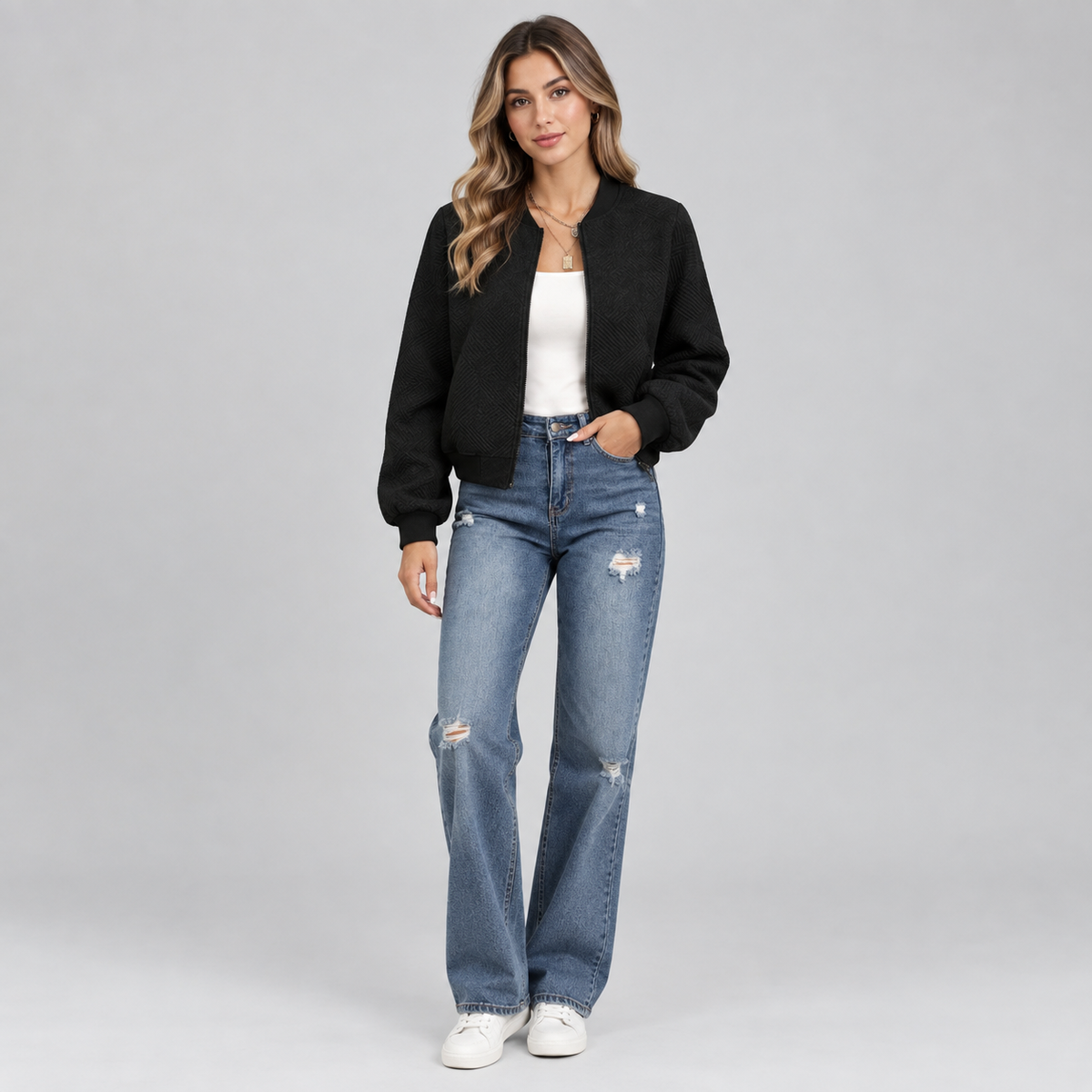 Women's Textured Quilted Cropped Bomber Jacket — product image