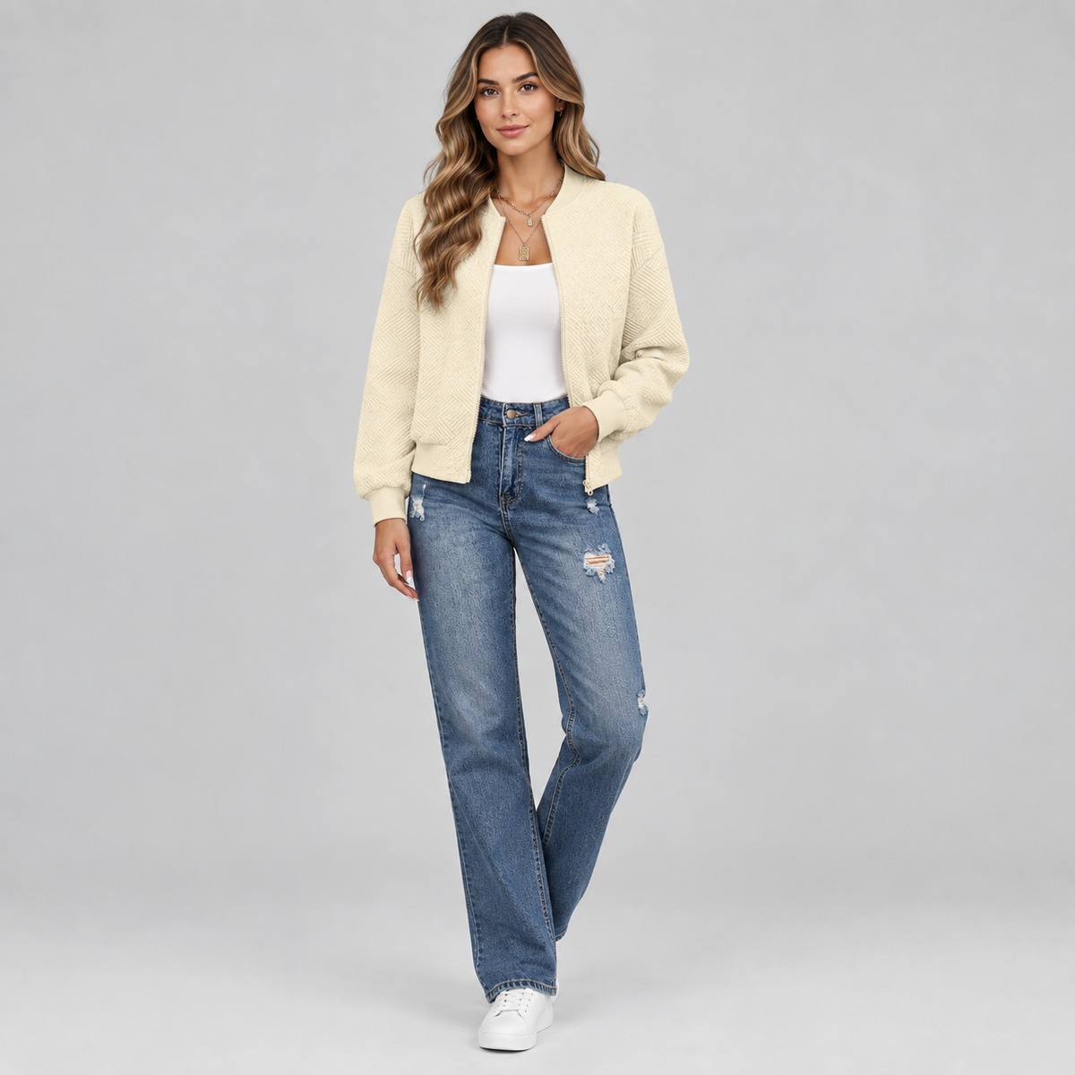 Women's Textured Quilted Cropped Bomber Jacket — product image